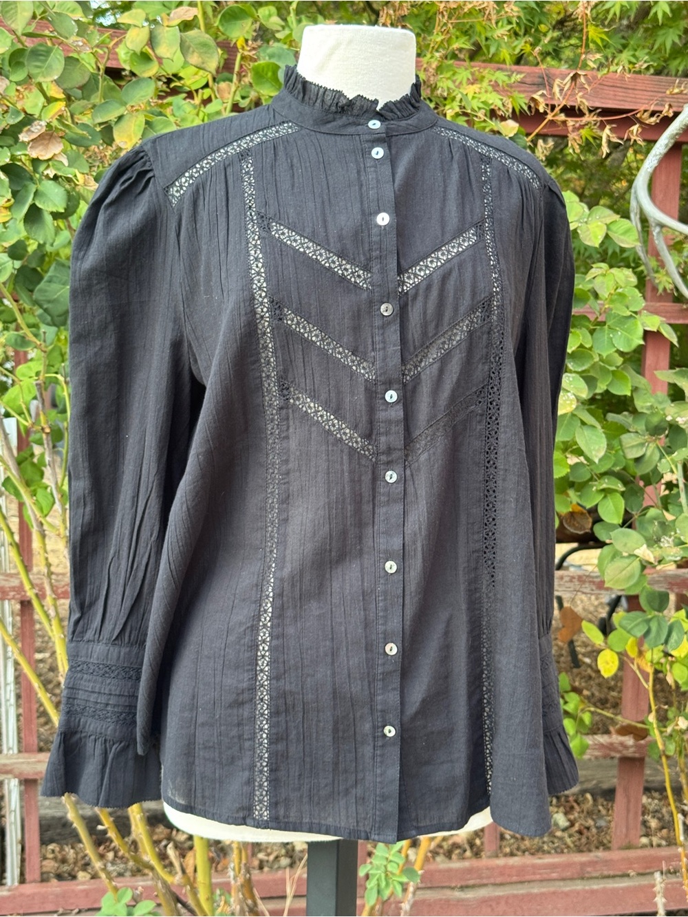 Sundance Black Cotton Lace-Trim Victorian Button-Front Blouse
